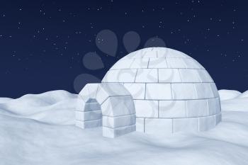 Winter north polar natural night snowy landscape: eskimo house igloo icehouse made with white snow at night on the surface of polar white snow field under cold night north sky with bright stars