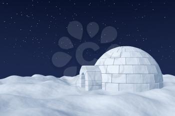 Winter north polar natural night snowy landscape: eskimo house igloo icehouse made with white snow at night on surface of polar white snow field under cold night north sky with bright stars