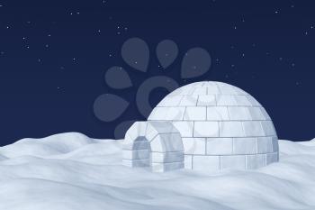 Winter north polar natural night snowy landscape: eskimo house igloo icehouse made with white snow at night on the surface of polar white snow field under cold night north sky with bright stars.