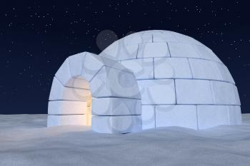 Winter north polar snowy landscape: close-up view of eskimo house igloo icehouse with warm light inside made with snow at night on surface of snow field under cold night north sky with bright stars
