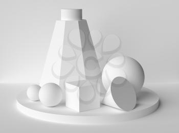 Abstract geometric platonic solids figures still life composition on podium. Three-dimensional pyramid cube cylinder sphere white objects with shadows on white background. Simple 3d render illustration