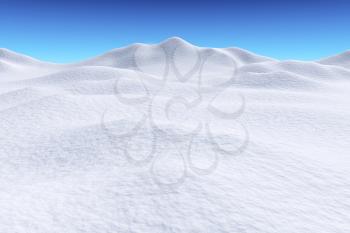 White snow hills and smooth snow surface under bright clear winter blue sky, winter snow background, 3d illustration
