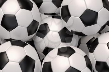 Soccer balls with black and white elements closeup view background. Football sport game balls 3D illustration