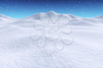 White snowy hills unred snowfall and bright winter blue sky, winter snow 3d illustration landscape