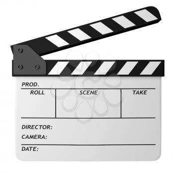 Open movie white clapper board isolated on white background. Movie, cinema, film making industry equipment. 3D Illustration.