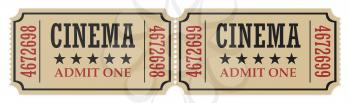 Pair of retro vintage cinema tickets made of yellow textured paper isolated on white background, closeup view, 3d illustration. Vintage retro cinema creative concept.