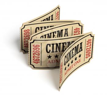 Five vintage retro cinema tickets made of yellow textured paper on white surface with shadows, closeup view, 3d illustration. Vintage retro cinema creative concept.
