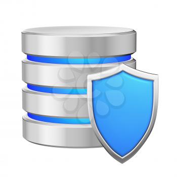 Database with blue metal shield protected from unauthorized access, data protection concept, 3d illustration icon isolated on white background for Data Protection Day