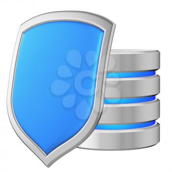 Database behind metal blue shield on left protected from unauthorized access, data privacy concept, 3d illustration icon isolated on white background for Data Protection Day