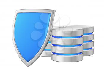 Databases group behind metal blue shield on left protected from unauthorized access, data protection concept, 3d illustration icon isolated on white background for Data Protection Day