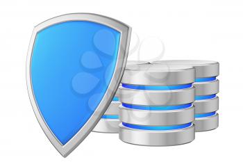 Data bases group behind blue metal shield on left protected from unauthorized access, data privacy concept, 3d illustration icon isolated on white background for Data Protection Day
