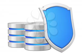 Databases group behind blue metal shield on right protected from unauthorized access, data privacy concept, 3d illustration icon isolated on white background for Data Protection Day