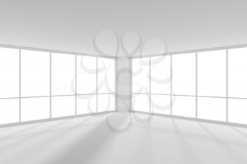 Empty white business office room with white floor, ceiling and walls and sunlight from large windows and empty space, white colorless business architecture office room 3d illustration
