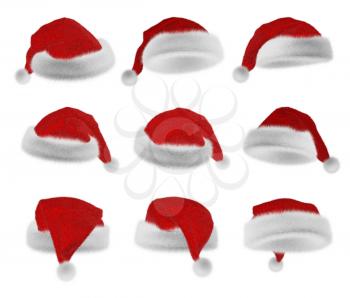 Fluffy Santa Claus red hat collection isolate on white background 3d illustration, objects set