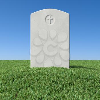 Gray blank gravestone on green grass field graveyard in memorial day under sun light under clear blue sky 3D illustration