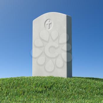Gray blank gravestone on green grass hill on graveyard in memorial day under sun light under clear blue sky 3D illustration
