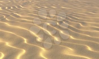 Yellow dry sand on the beach with waves under summer bright evening sun light closeup perspective view nature 3D illustration
