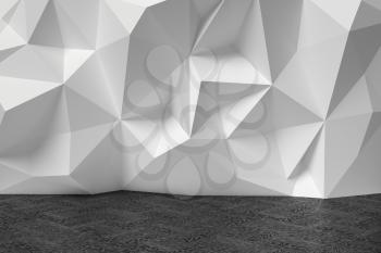 Abstract room with white wall with rumpled futuristic triangular geometric surface and wooden black parquet floor, colorless 3d illustration