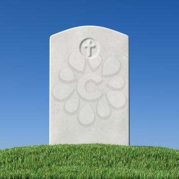 Gray blank gravestone on green grass field graveyard in memorial day under sun light under clear blue sky close-up 3D illustration