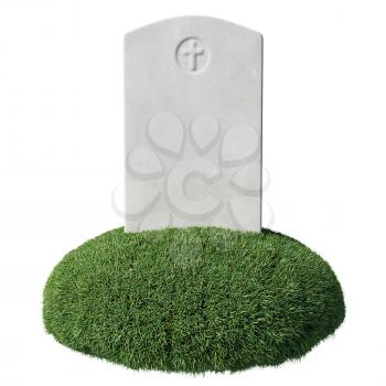 Gray blank gravestone on green grass islet under bright sunlight isolated on white background close-up, memorial day sign, 3D illustration