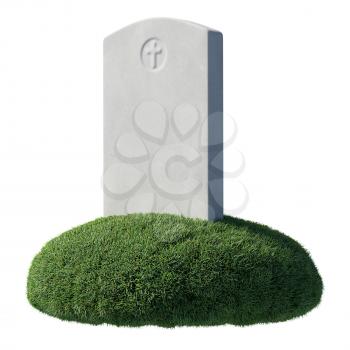 Gray blank gravestone on green grass islet under bright sunlight isolated on white background, memorial day sign, 3D illustration.