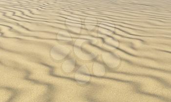 Dry yellow sand on beach with waves under bright summer sunlight, closeup perspective view, nature 3D illustration.