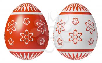 Two Easter eggs, white and red, painted with red simple decor isolated on white background, decoration elements for Easter holiday, easter symbol 3D illustration