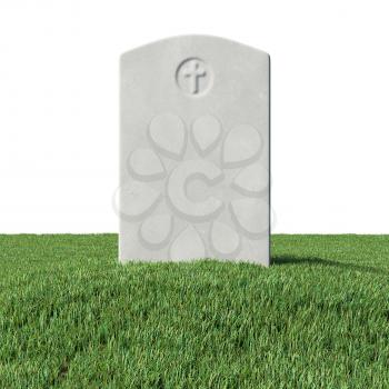 Gray blank gravestone on green grass field graveyard in memorial day under sun light isolated on white background 3D illustration