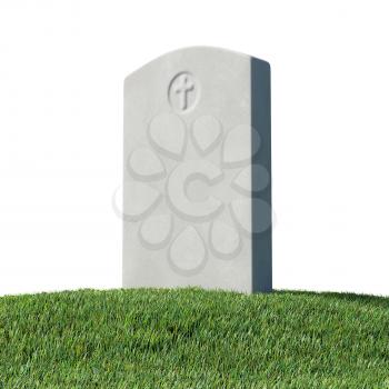 Gray blank gravestone on green grass hill on graveyard in memorial day under sun light isolated on white background 3D illustration