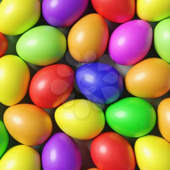 Multi colored Easter eggs colorful background with many different color painted eggs, top view, 3D illustration