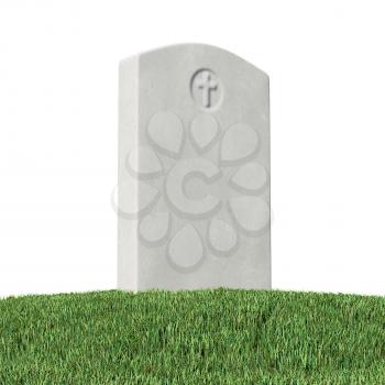 Gray blank gravestone on green grass on graveyard in memorial day under bright sunlight isolated on white background 3D illustration