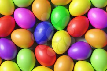 Multi colored Easter eggs colorful background with many different colored painted eggs, top view, 3D illustration