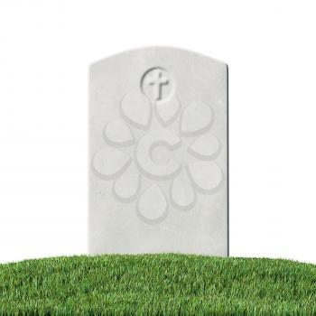 Gray blank gravestone on green grass field graveyard in memorial day under sun light isolated on white background close-up 3D illustration