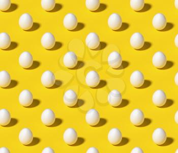 White eggs on bright yellow isometric seamless minimalistic background. Minimal food concept still life pattern. 3D illustration