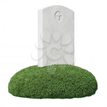 Gray blank gravestone on green grass islet under bright sun light, isolated on white background, memorial day sign, 3D illustration.