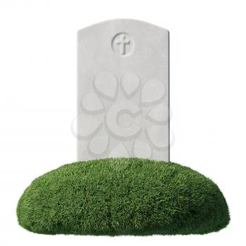 Gray blank gravestone on green grass islet under bright sunlight isolated on white background, memorial day sign, front view, 3D illustration