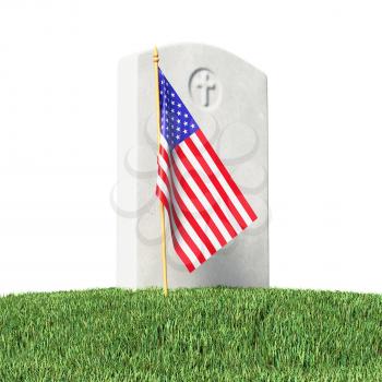Small American flag and gray blank gravestone on green grass field in memorial day under sun light isolated on white background, Memorial Day concept 3D illustration