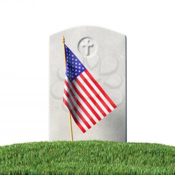 Gray blank gravestone and small American flag on green grass field in memorial day under sun light isolated on white background, Memorial Day concept 3D illustration