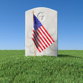 Small American flag and gray blank headstone on green grass field in memorial day under sun light under clear blue sky, Memorial Day concept 3D illustration
