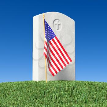Small American flag and gray blank gravestone on green grass field in memorial day under sun light under clear blue sky, Memorial Day concept 3D illustration