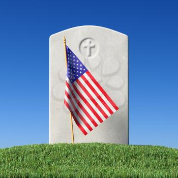 Gray blank gravestone and small American flag on green grass field in memorial day under sun light under clear blue sky, Memorial Day concept 3D illustration