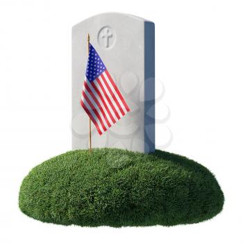 Headstone and small American flag on green grass islet in memorial day under sunlight isolated on white background, Memorial Day concept sign 3D illustration.