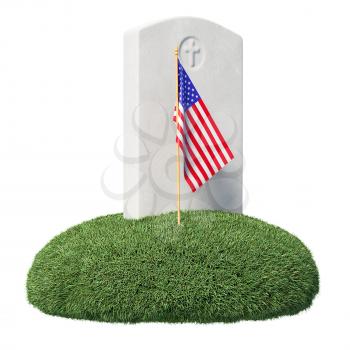 Headstone and small American flag on green grass islet in memorial day under sun light isolated on white background, Memorial Day concept sign, 3D illustration