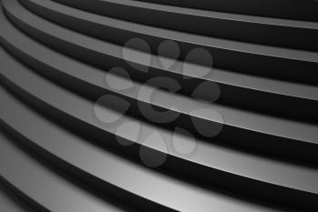 Round black ascending stairs of upward staircase with shadows from soft light closeup diagonal view 3d illustration abstract black background