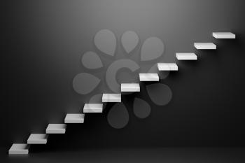 Ascending white stairs of rising staircase going upward in black empty room, abstract 3D illustration. Business growth, progress way and forward achievement in the dark creative concept.