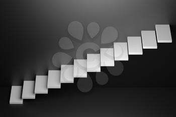 Ascending white stairs of rising staircase going upward in black empty room, 3D abstract illustration. Business growth, progress way and forward achievement in the dark creative concept.