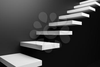 Ascending white stairs of rising staircase going upward in black empty room, abstract black 3D illustration. Business growth, progress way and forward achievement in the dark creative concept.