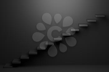 Ascending black stairs of rising staircase going upward in black empty room, abstract 3D illustration. Business growth, progress way and forward achievement problems in the dark creative concept.