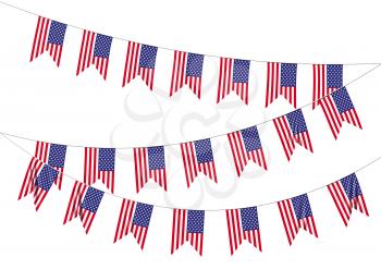 Strings of American flags decorative hanging bunting, bright USA patriotic flags garlands isolated on white. 4th of July, Independence day holidays decoration 3D illustration