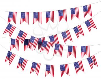 Strings of American flags decorative hanging bunting, bright USA patriotic flags garlands isolated on white background. 4th of July, Independence day holidays decoration 3D illustration